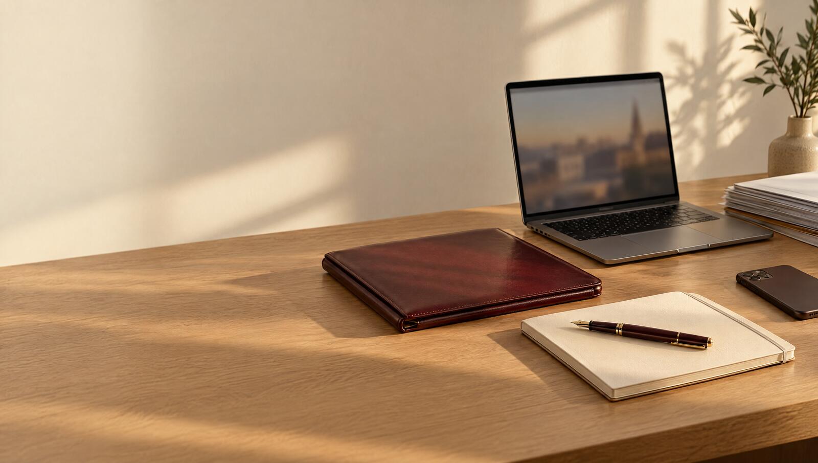Mesa de trabalho do escritório com notebook, pasta e caderno