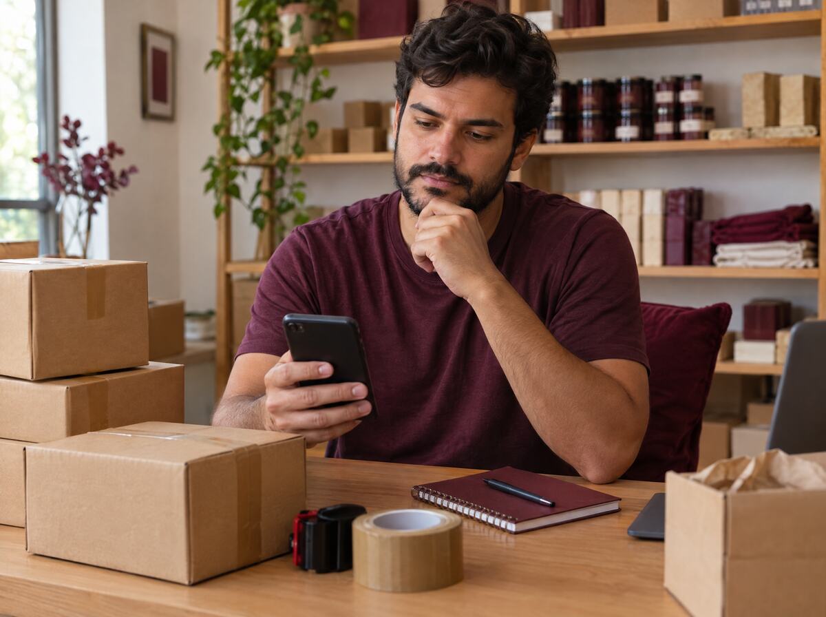 Vendedor online em seu espaço de trabalho, com caixas de envio, olhando o celular